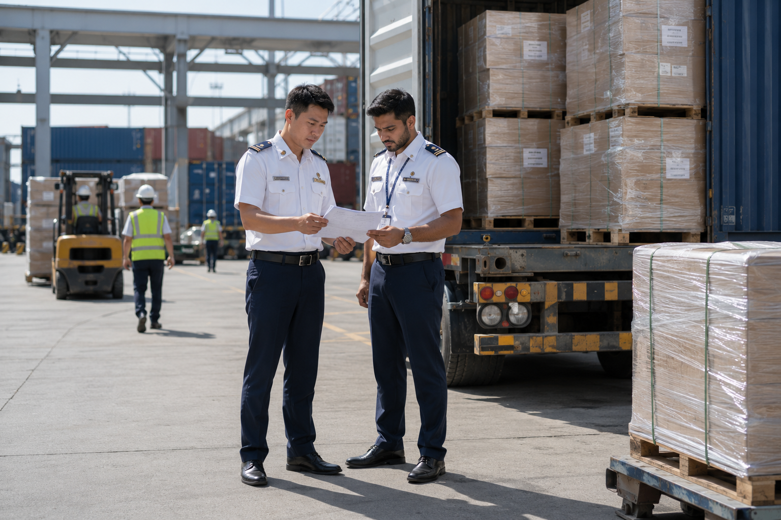 Customs officers reviewing cargo clearance documents