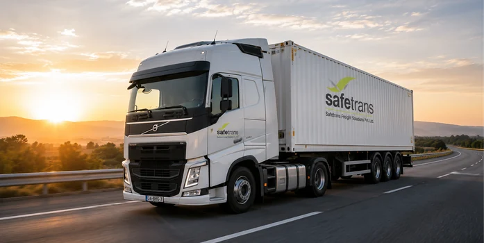 Safetrans road freight trailer at sunrise