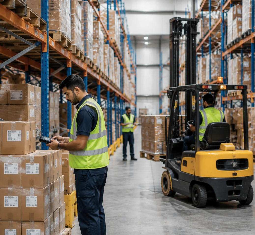 Warehouse team managing storage and distribution activity